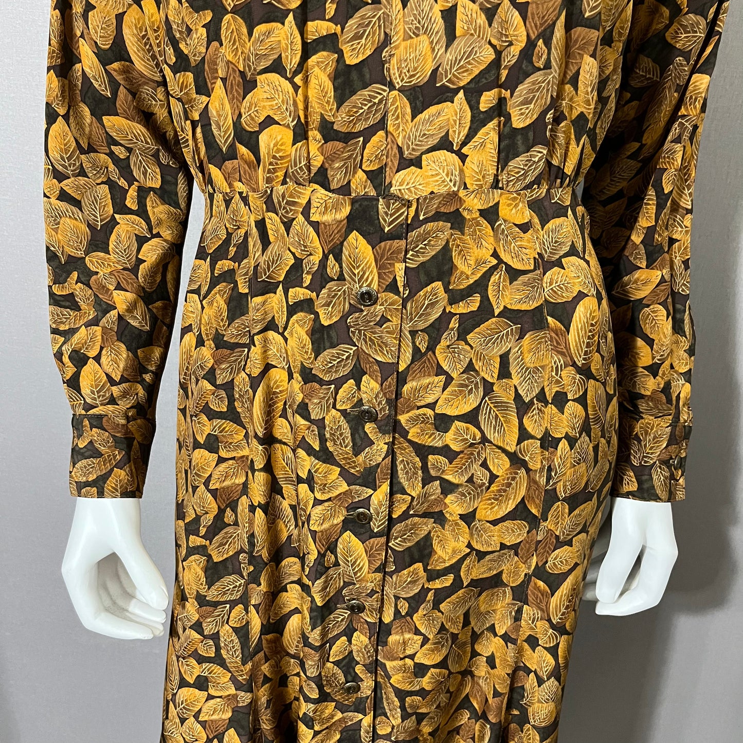 Vintage Gillian Silk Leaf Print MIDI Long Sleeve Dress Sz-4