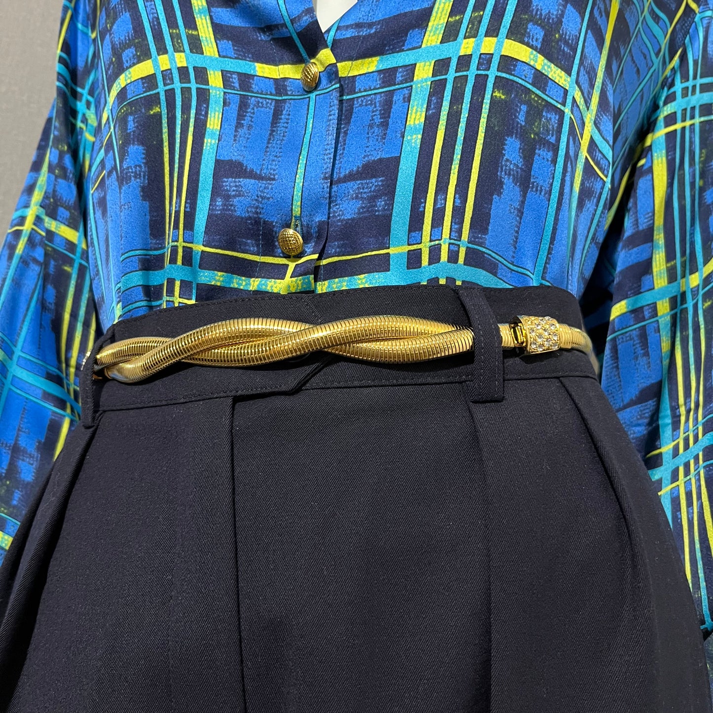 Vintage Escada Blue Stripe 100% Silk Gold Button Blouse Sz-8