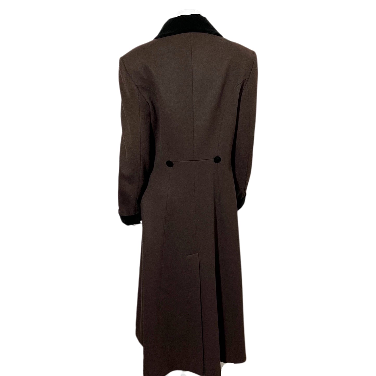 Vintage Leslie Fay Brown 100% Wool Velvet Collar Longline Coat Sz-8