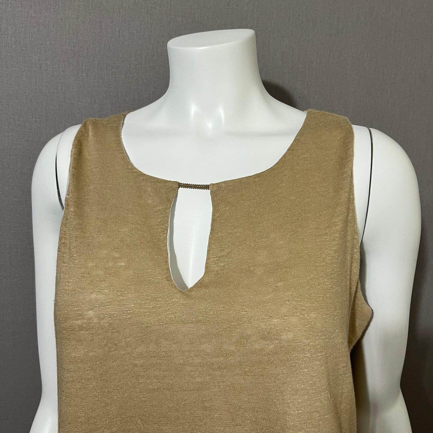 Linen Ecru Tan Shimmer Linen Mixed Media Sleeveless Shell Tank Top Sz-Large