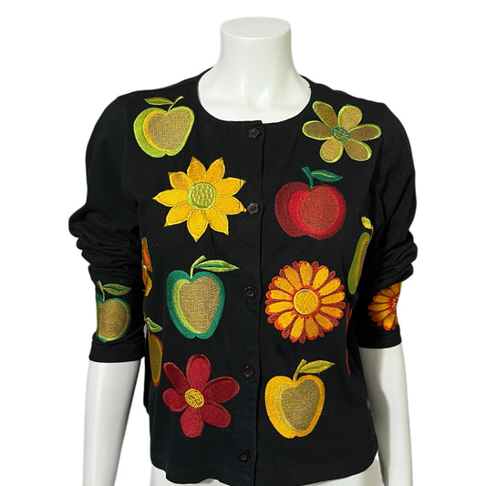 Cotton Black Fruit Embroidered Open Front Blazer Sz-Medium