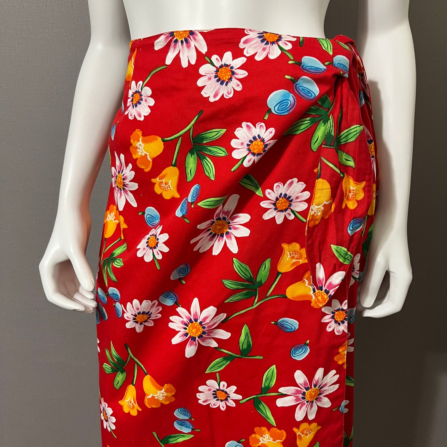 Vintage Floral Red Wrap Maxi Cotton Skirt Sz-Xtra Large