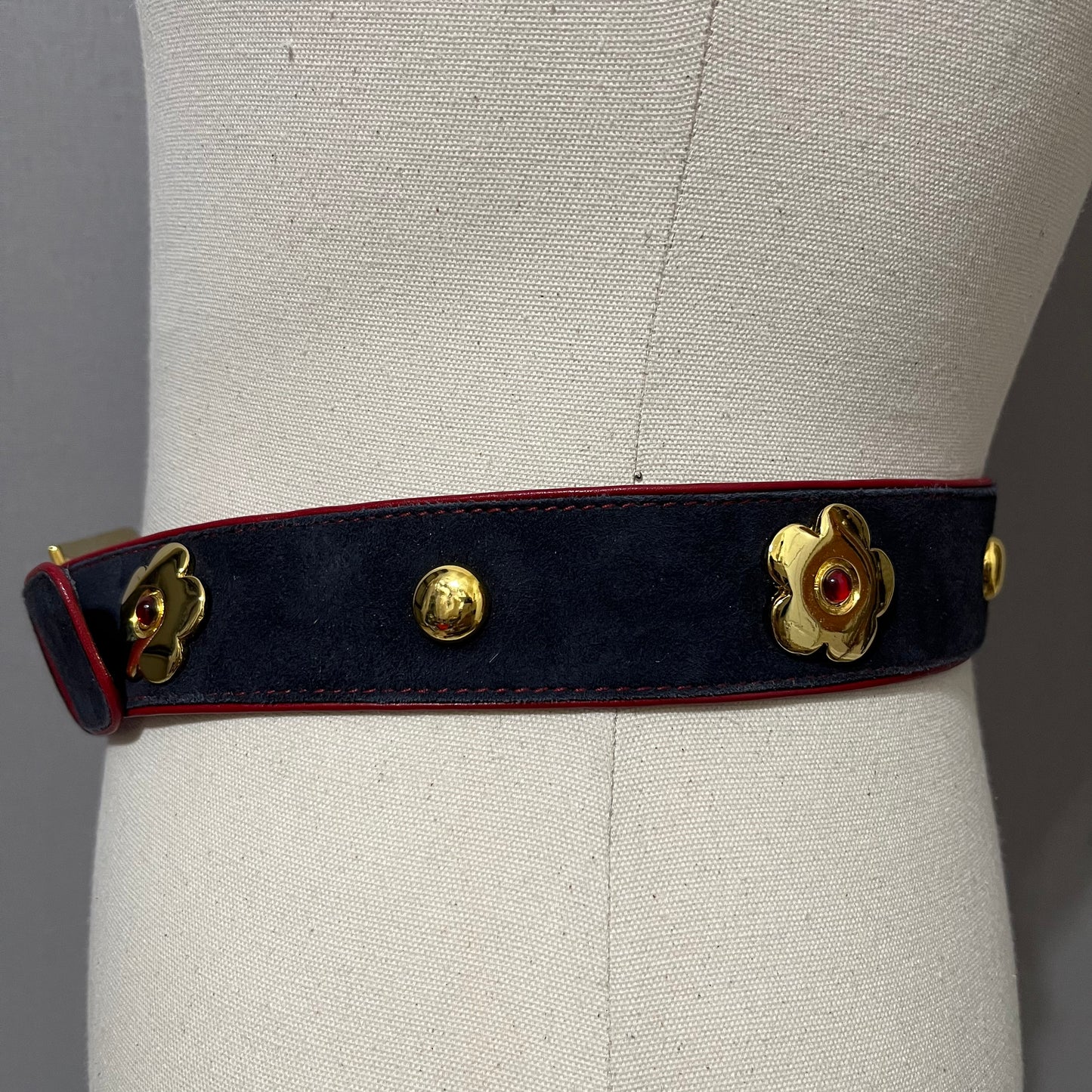 Vintage Escada Blue Suede With Red Leather Trim Belt Sz-40