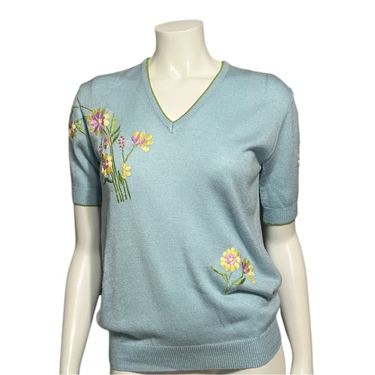 Vintage Rochelle Light Blue Floral V-Neck Sweater