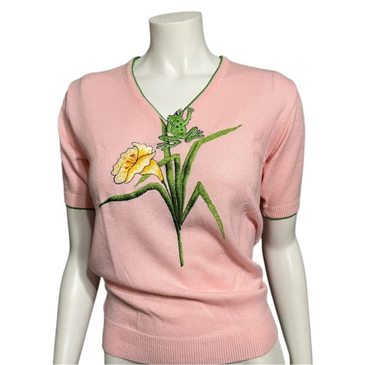 Vintage Rochelle Pink V-Neck Frog V-Neck Sweater