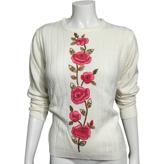 Vintage Adrian Jilofield Cream Pink Floral Stripe Crewneck Sweater