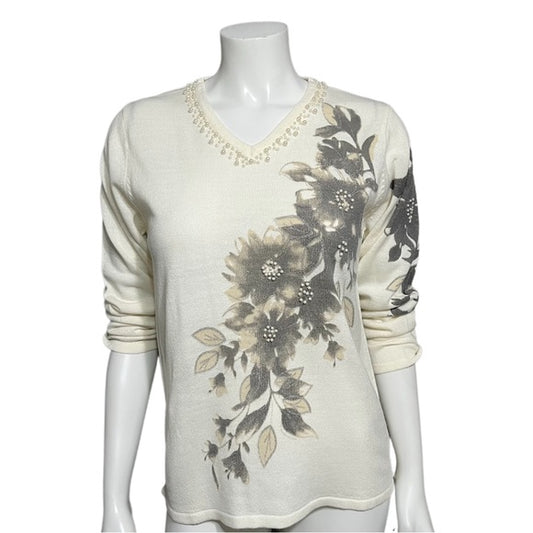 Vintage Adrian Dilafield V-Neck Floral Beaded Sweater