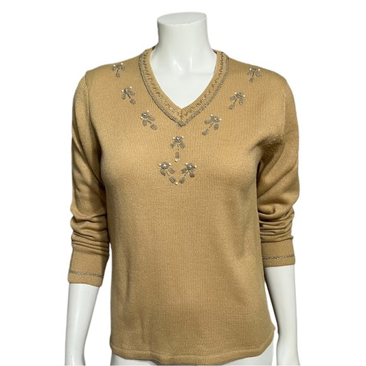 Vintage Haband Tan V-Neck Beaded Lightweight Sweater