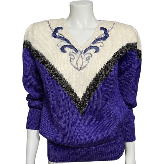 Vintage Angenie Purple Metallic Pearl V-Neck Sweater