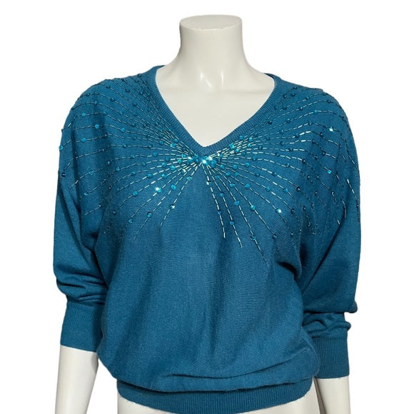 Vintage Joyce Teal Sequin Beaded V-Neck Sweater