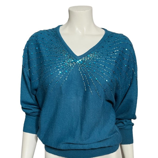 Vintage Joyce Teal Sequin Beaded V-Neck Sweater