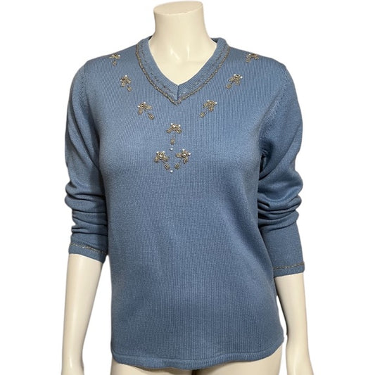 Vintage Haband Light Blue Beaded V-Neck Sweater