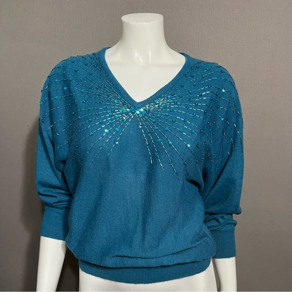 Vintage Joyce Teal Sequin Beaded V-Neck Sweater
