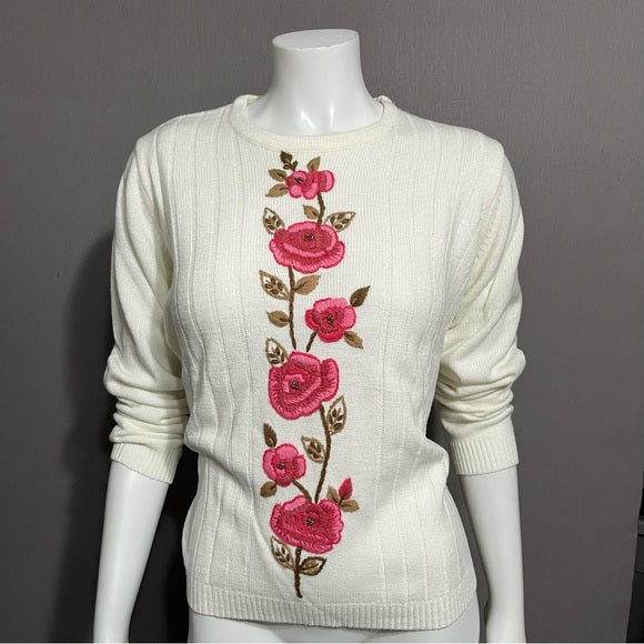 Vintage Adrian Jilofield Cream Pink Floral Stripe Crewneck Sweater