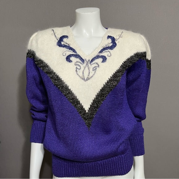 Vintage Angenie Purple Metallic Pearl V-Neck Sweater