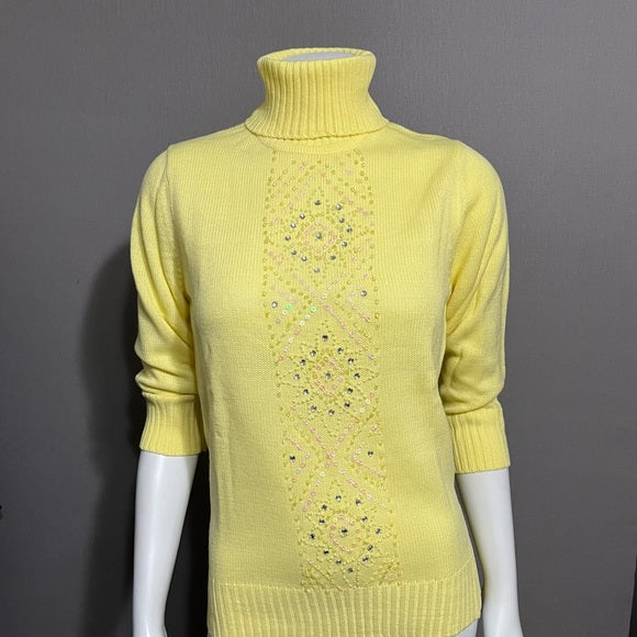 Vintage Salon Studio Yellow Sequins Lightweight Turtleneck