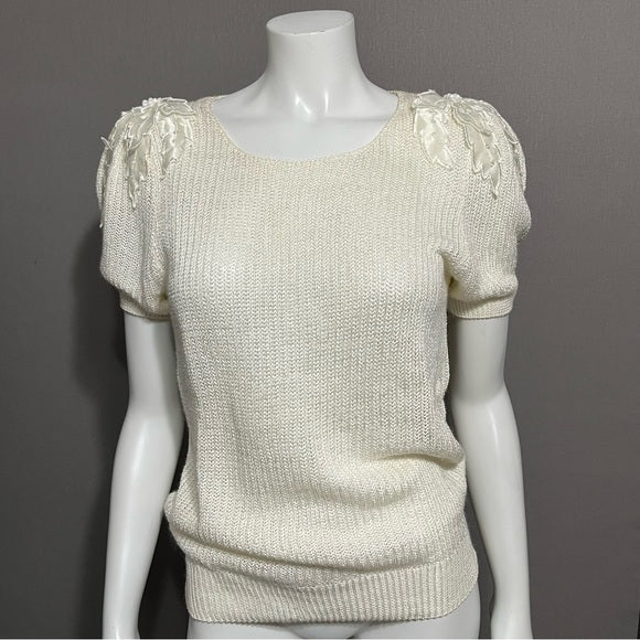 Vintage Lily Of California Cream Floral Appliqué Shoulder Sweater