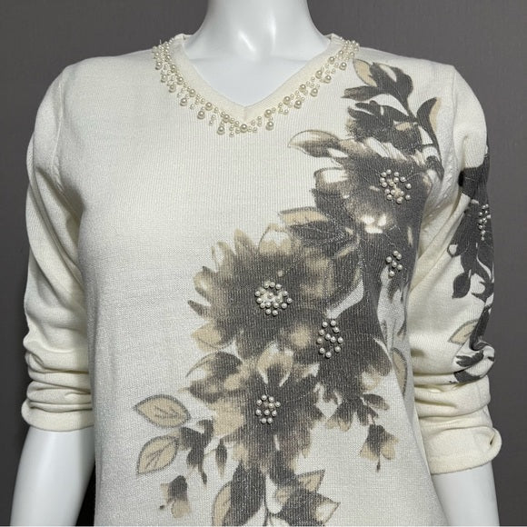 Vintage Adrian Dilafield V-Neck Floral Beaded Sweater