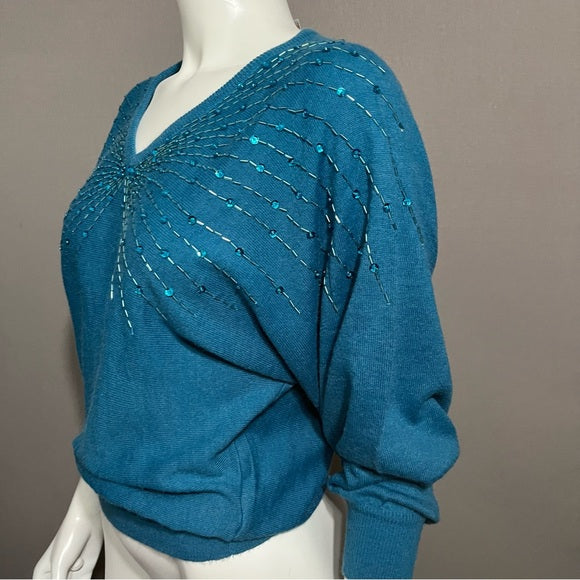Vintage Joyce Teal Sequin Beaded V-Neck Sweater