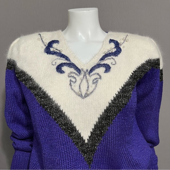 Vintage Angenie Purple Metallic Pearl V-Neck Sweater