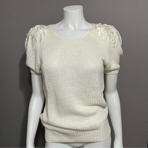 Vintage Lily Of California Cream Floral Appliqué Shoulder Sweater