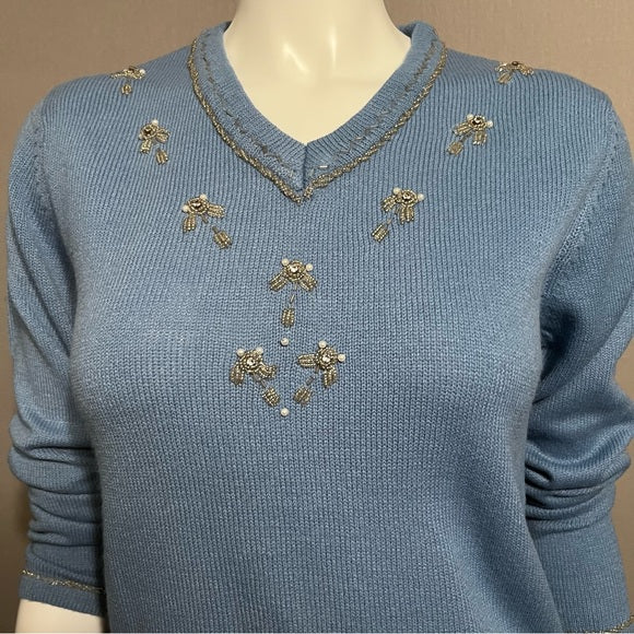 Vintage Haband Light Blue Beaded V-Neck Sweater