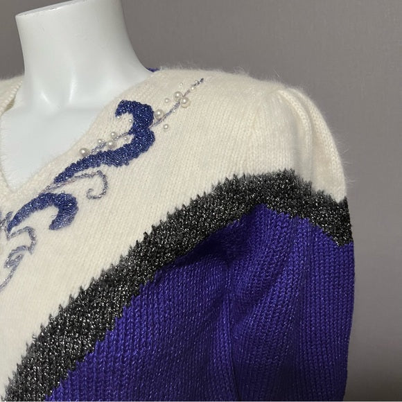 Vintage Angenie Purple Metallic Pearl V-Neck Sweater