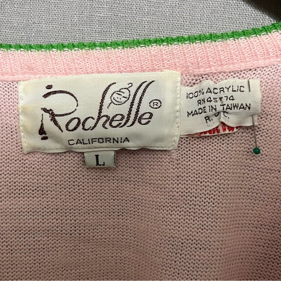 Vintage Rochelle Pink V-Neck Frog V-Neck Sweater