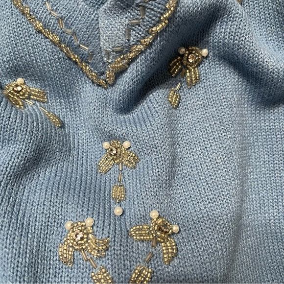 Vintage Haband Light Blue Beaded V-Neck Sweater