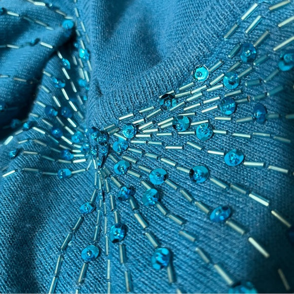 Vintage Joyce Teal Sequin Beaded V-Neck Sweater