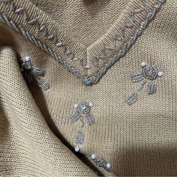 Vintage Haband Tan V-Neck Beaded Lightweight Sweater