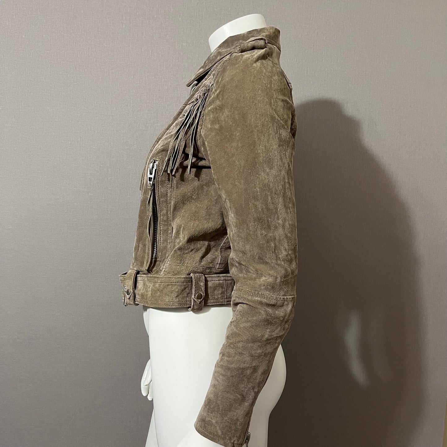 BlankNYC Taupe Suede With Fringe Cropped Jacket Sz-Small