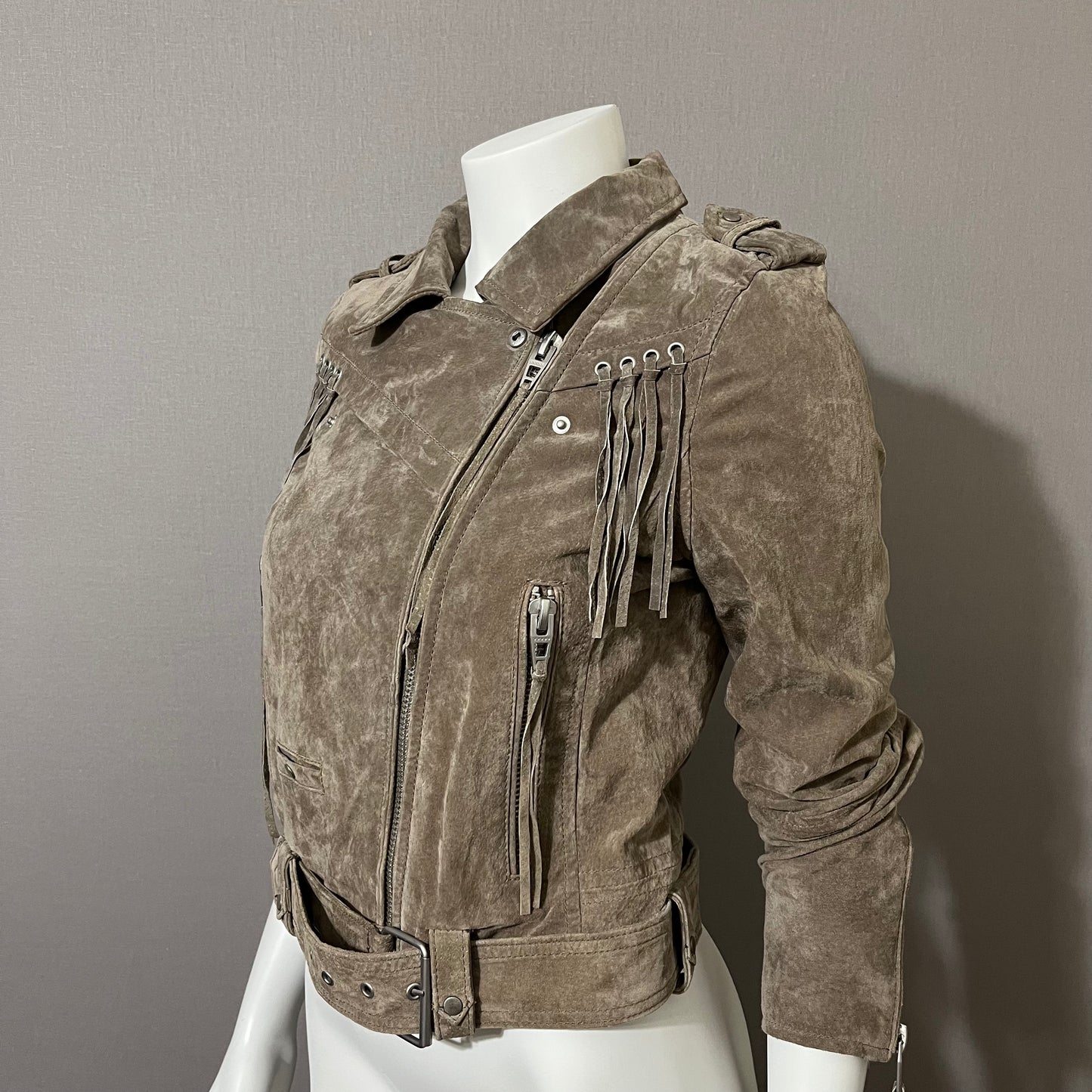 BlankNYC Taupe Suede With Fringe Cropped Jacket Sz-Small