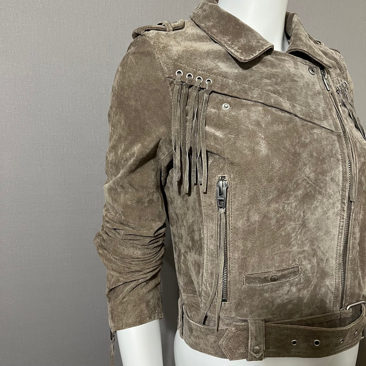 BlankNYC Taupe Suede With Fringe Cropped Jacket Sz-Small
