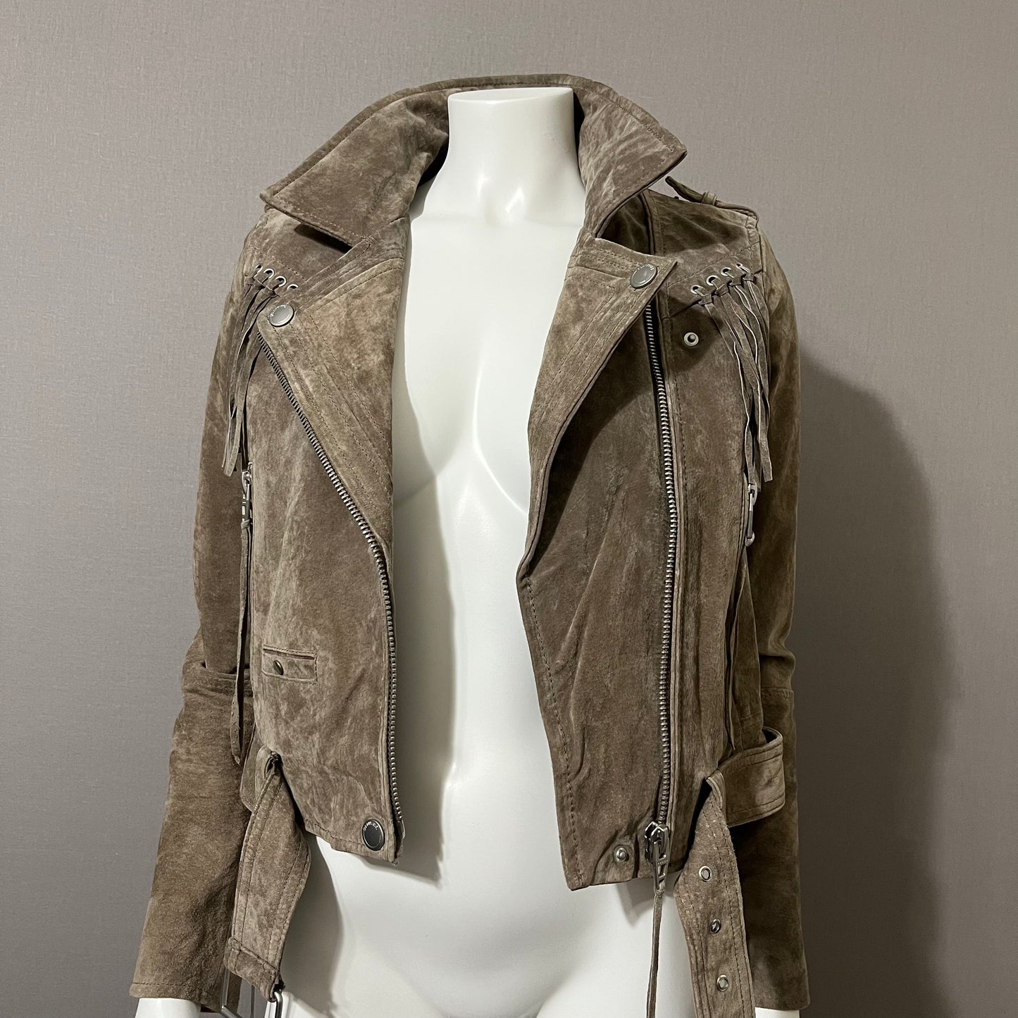 BlankNYC Taupe Suede With Fringe Cropped Jacket Sz-Small