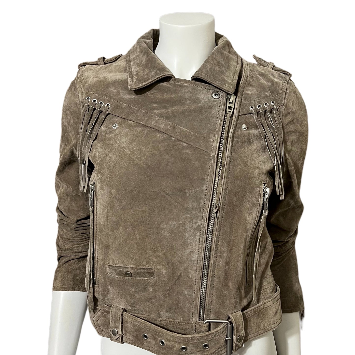 BlankNYC Taupe Suede With Fringe Cropped Jacket Sz-Small