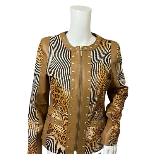 Vintage Sharif Couture Animal With Leather Studded Brown Jacket Sz-XS