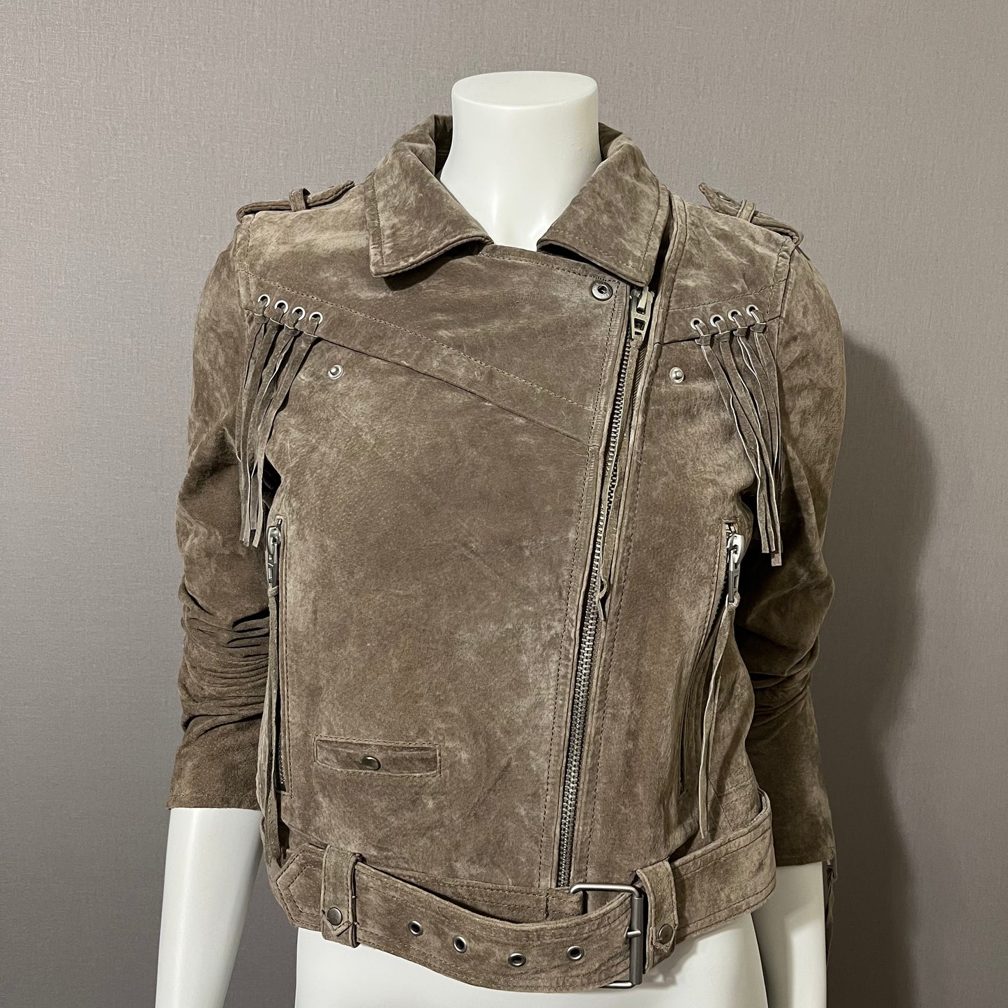 BlankNYC Taupe Suede With Fringe Cropped Jacket Sz-Small