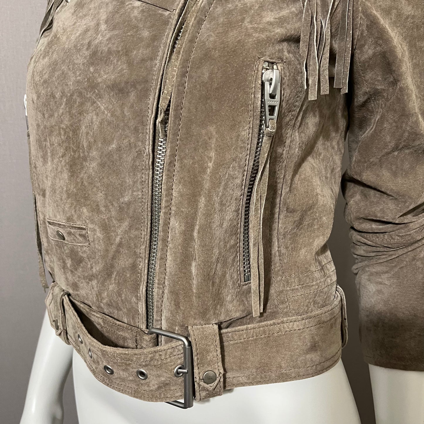 BlankNYC Taupe Suede With Fringe Cropped Jacket Sz-Small